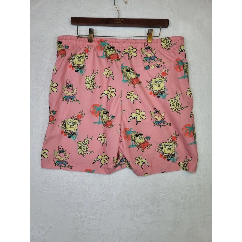 SpongeBob SquarePants Mens Pink Tropical Swim Trunks Shorts Large Whimsical Vaca